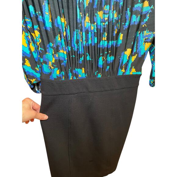 BCBGMaxazria Women 6 Abstract Paint Blue Blouson Dress Cowl‎ Neck Business - Picture 7 of 14